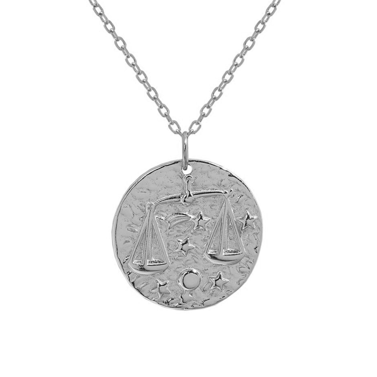 Collier Balance en argent 925 avec pendentif rond gravé du symbole Balance et étoiles, bijou féminin élégant et raffiné. Idée cadeau femme.